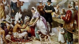 Historical painting of the first Thanksgiving in 1621