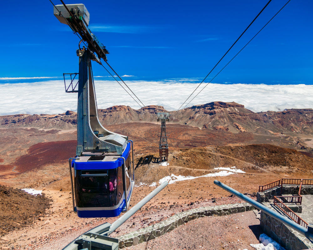 A cable car ascending Mount Teide in Tenerife.
